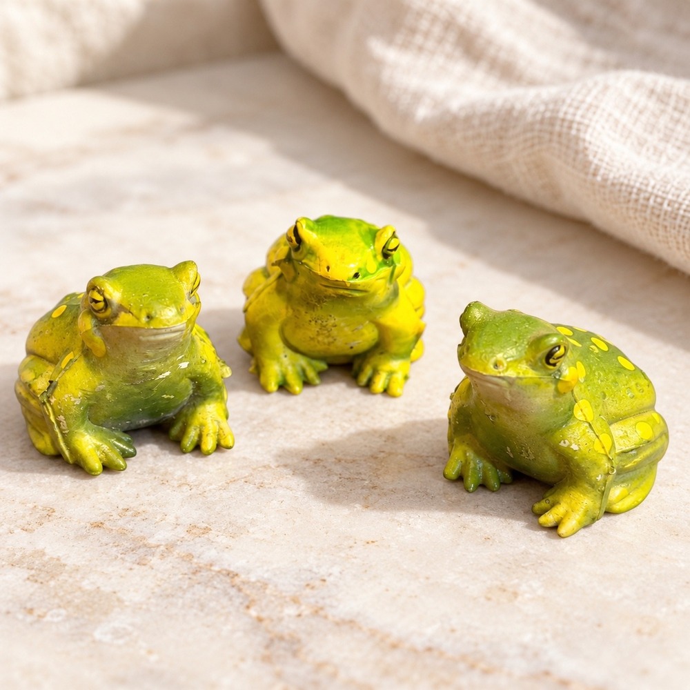 Vintage Hong Kong Frog Figurines Set of 3 Green Yellow Spotted Retro Kitsch